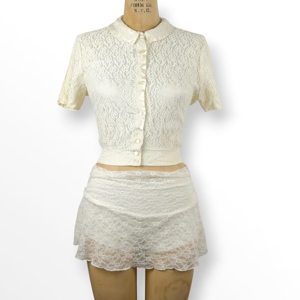 Vintage Lace Button Up Blouse Satin Back Peter Pan Collar Coquette Size S
